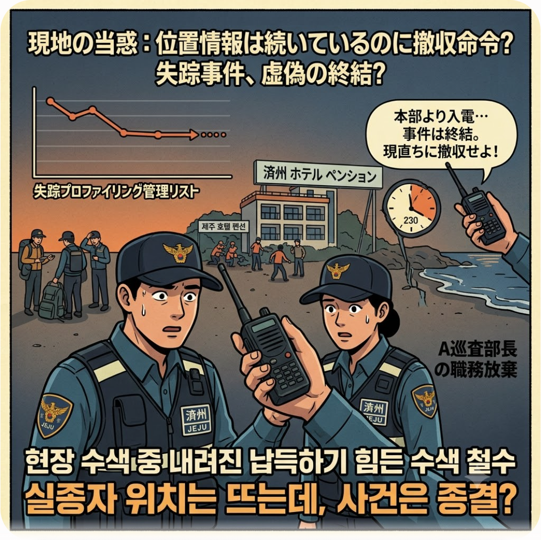 현장 수색 중 내려진 납득하기 힘든 수색 철수 — 위치 추적 중인데 철수? 제주 실종 사건을 '허위 종결' 처리해 삭제해버린 경찰의 충격적 전말