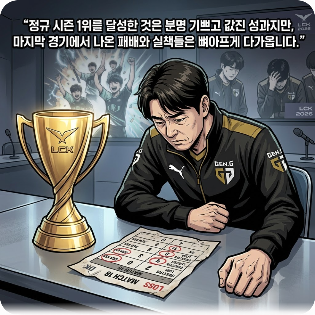 1위 트로피 앞에서도 미소 짓지 못한 사령탑의 고뇌 — 젠지 정규 1위 확정에도 웃지 못한 류상욱 감독, DK전 일격 맞은 치명적 이유
