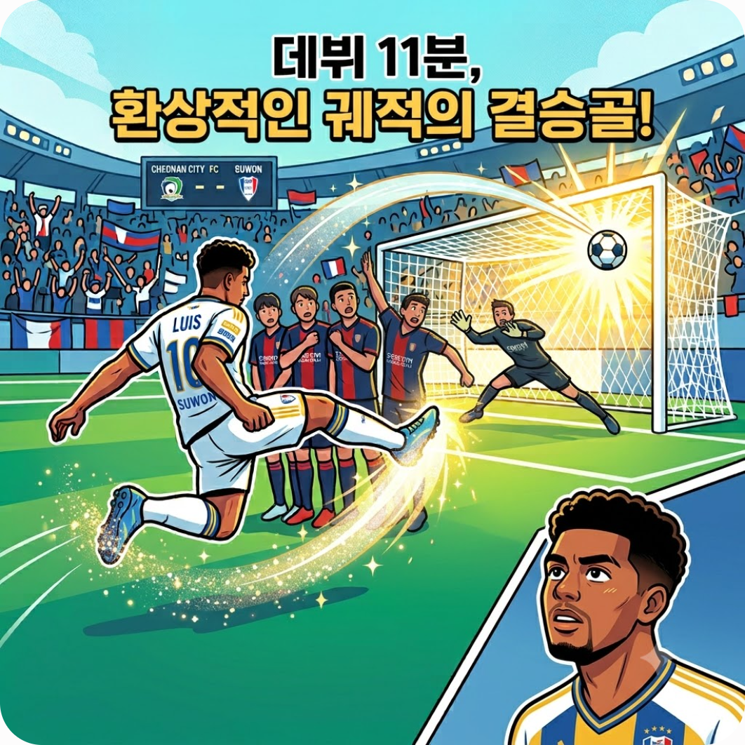 11분 만에 증명한 클래스, 천안의 골망을 가르다 — 단 11분 만에 터진 환상 결승골! 수원 승격 청부사 루이스의 완벽한 데뷔전