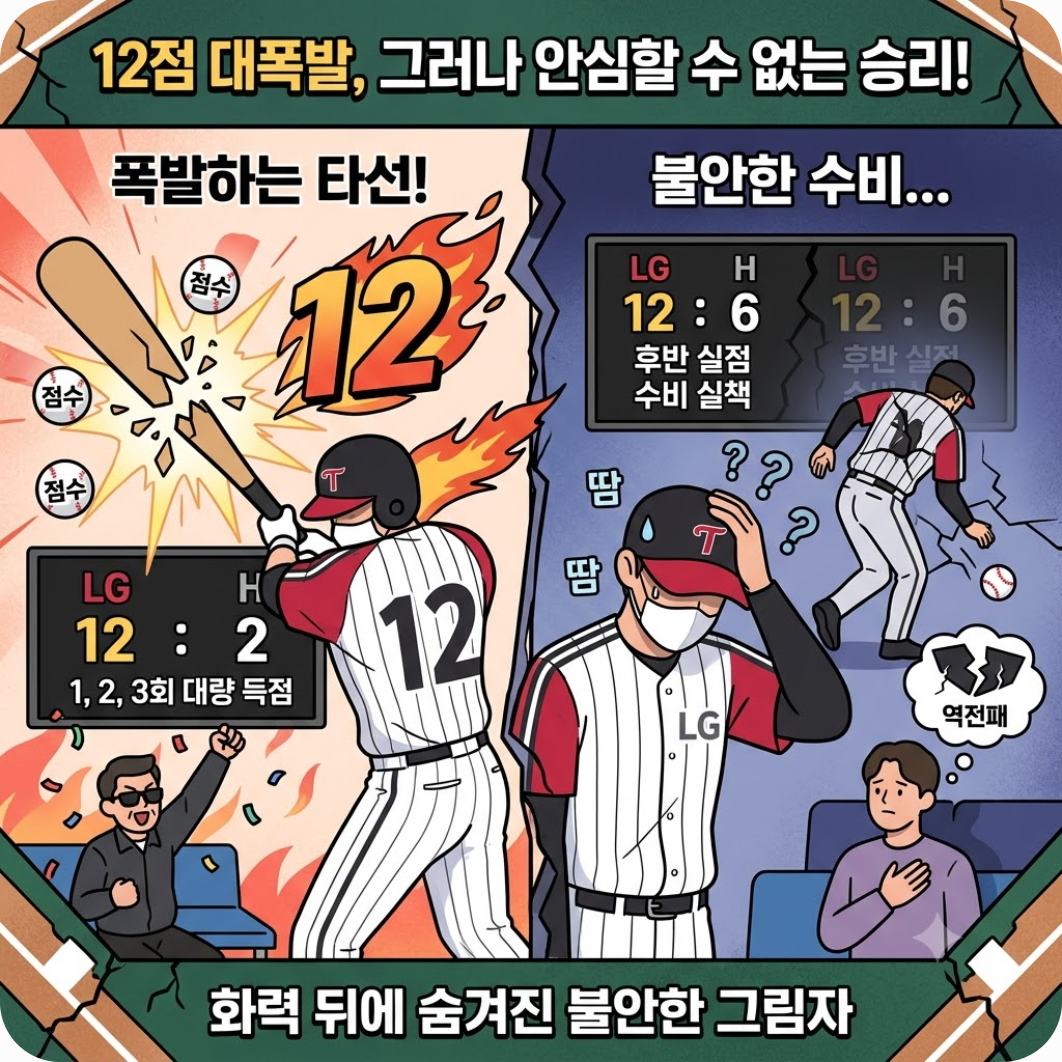 12점 대폭발 타선, 그러나 안심할 수 없었던 경기 흐름 — 12점 내고도 진땀 뺀 LG, 마운드 붕괴 위기 막아낸 카라스코의 6이닝 역투