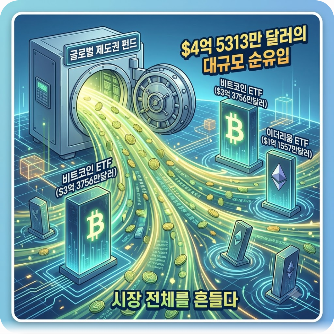 4억 5313만 달러의 대규모 순유입, 시장을 흔들다 — 비트코인 ETF 1000억 달러 육박! XRP·솔라나까지 자금 폭풍 유입된 결정적 이유