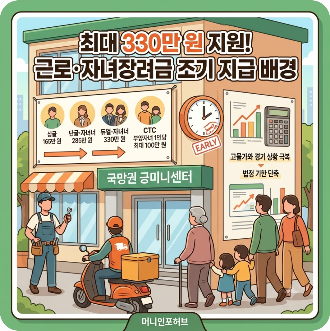 최대 330만 원 지원! 근로·자녀장려금 조기 지급 배경 — 최대 330만 원 근로장려금 오늘 조기 지급! 내 입금액 및 심사 결과 1분 조회법