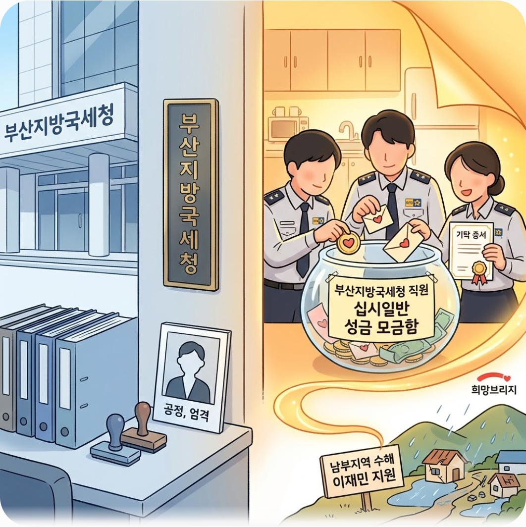 딱딱한 이미지 벗고 이웃 돕기 나선 부산국세청의 온정 — 세금 걷던 직원들이 직접 지갑 열었다? 호우 피해 이재민 위해 800만 원 십시일반 모은 부산국세청