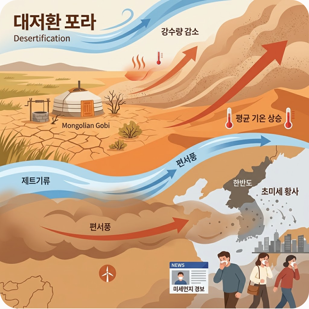 1. 몽골과 동북아의 사막화, 한반도의 하늘을 바꾸다 — 매년 봄 한반도를 덮치는 최악의 황사, 단순한 모래바람이 아니라 기후 재난인 진짜 이유