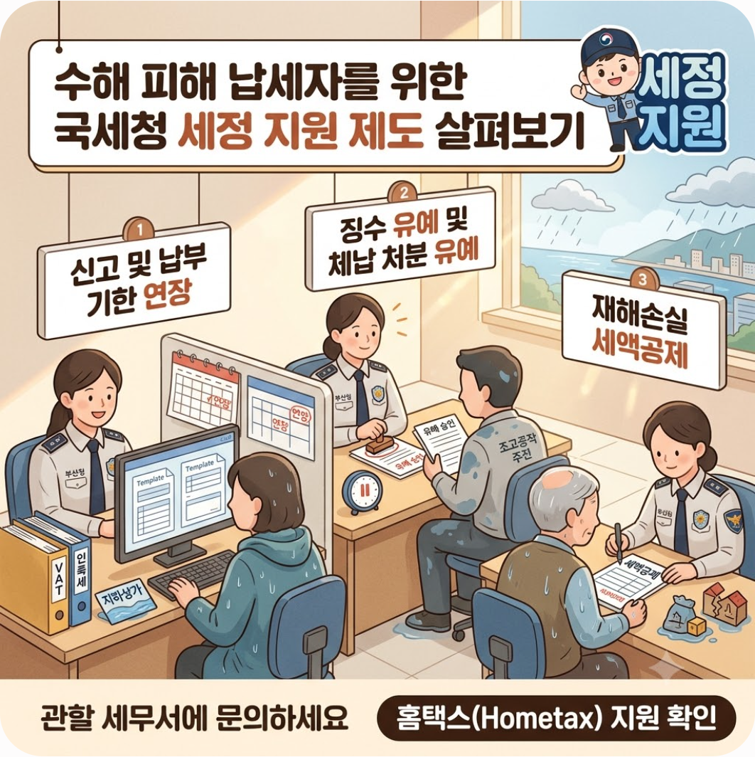 수해 피해 납세자를 위한 국세청 세정 지원 제도 살펴보기 — 세금 걷던 직원들이 직접 지갑 열었다? 호우 피해 이재민 위해 800만 원 십시일반 모은 부산국세청