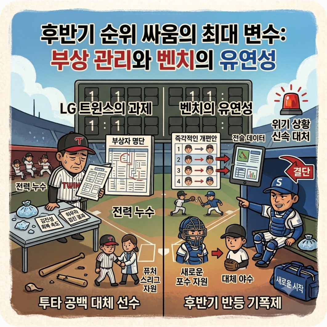 후반기 순위 싸움의 최대 변수: 부상 관리와 벤치의 유연성 — LG 연쇄 부상 악령 비상… 패배 딛고 포수진 결단 내린 삼성의 승부수