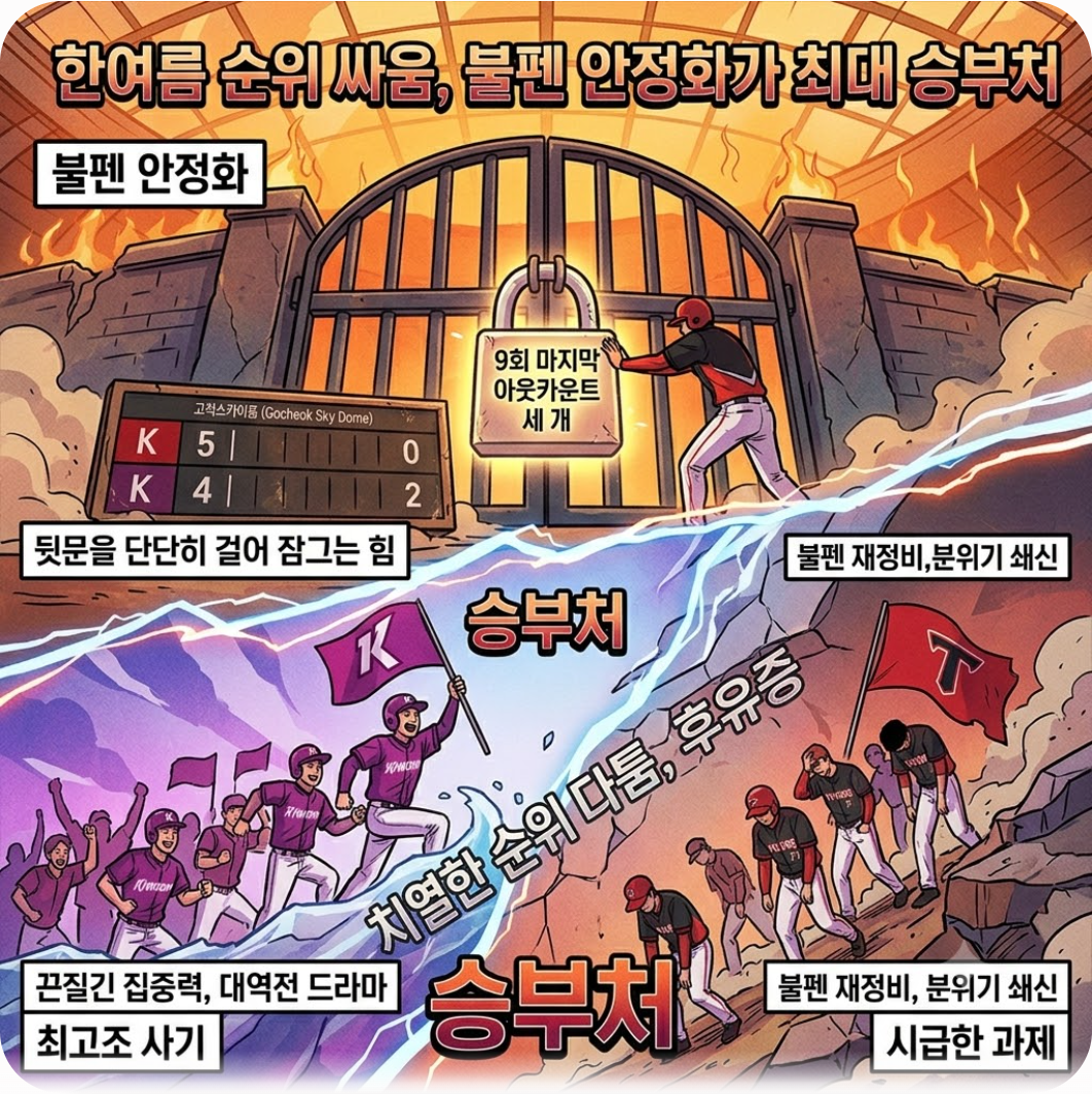 한여름 순위 싸움, 불펜 안정화가 최대 승부처 — 9회 5점 차 리드가 뒤집혔다, KIA를 무너뜨린 키움의 충격 역전극과 고척 악몽