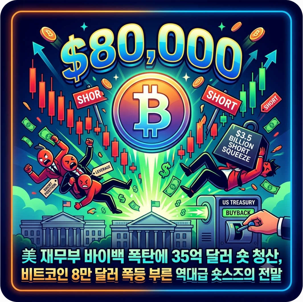 美 재무부 바이백 폭탄에 35억 달러 숏 청산, 비트코인 8만 달러 폭등 부른 역대급 숏스퀴즈의 전말