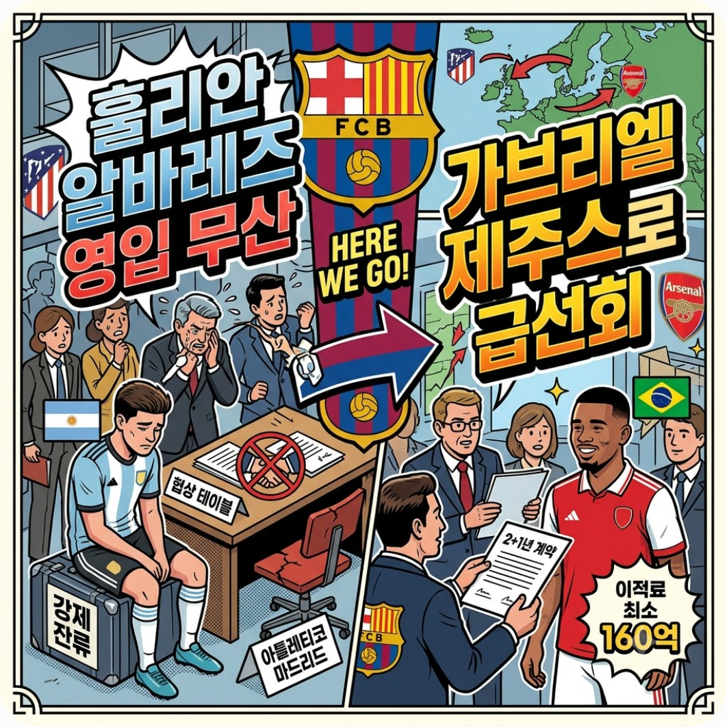 메시의 친정팀 바르셀로나, 훌리안 알바레즈 놓치고 가브리엘 제주스로 급선회 — 927골 421도움 역대 최고 GOAT 메시, 아르헨티나 국대 은퇴 선언과 바르샤부터 이어온 대기록 총정리