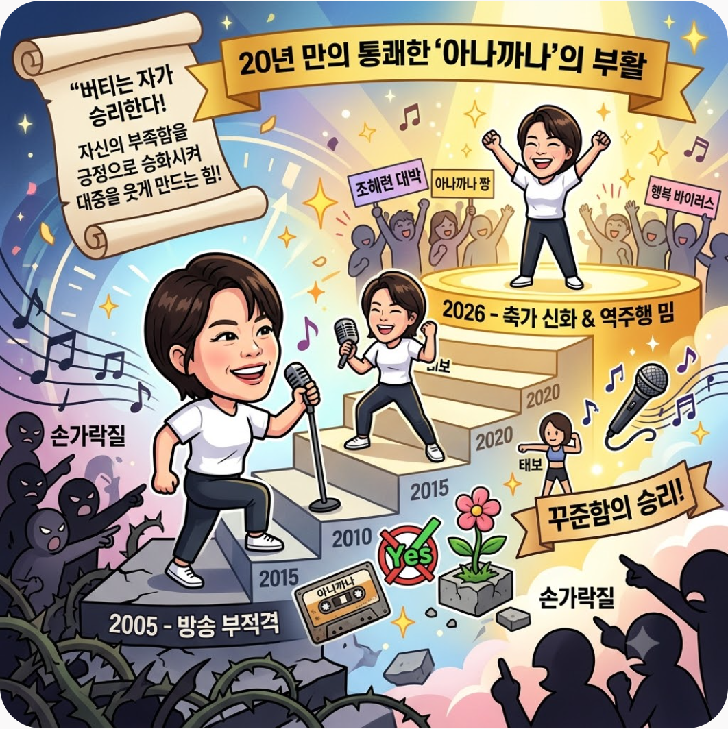 버티는 자가 승리한다, 20년 만에 완성된 통쾌한 한풀이 — 수준 미달 방송 금지 설움 끝, 조혜련 아나까나 20년 만의 통쾌한 반전 한풀이 성공기