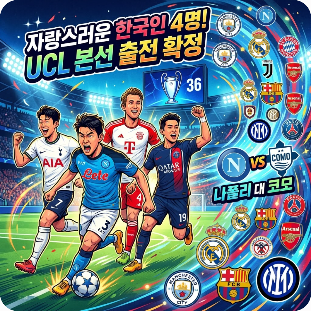 한국인 4명 챔스 본선 출전 확정! 나폴리 대 코모 및 36개 진출팀 라인업 총정리